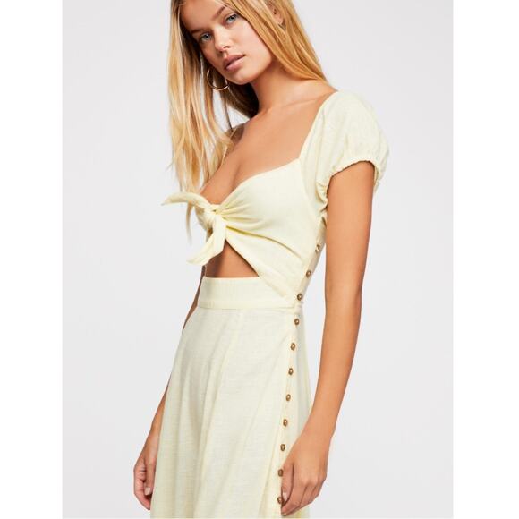 FREE PEOPLE The Getaway Midi Maxi Dress Smocked Cut Out Cotton Yellow Size XS - Picture 4 of 13